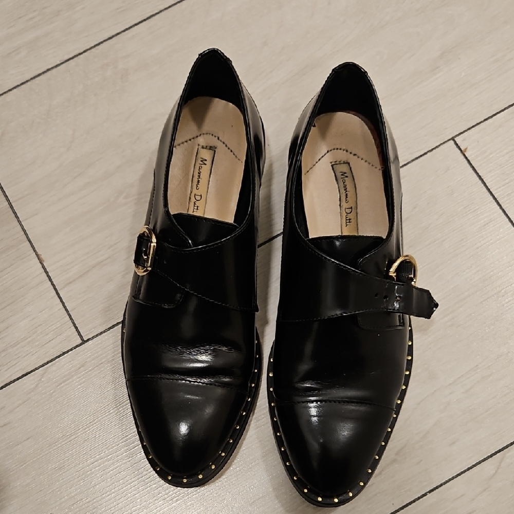 Black Leather Loafers with Gold Buckle